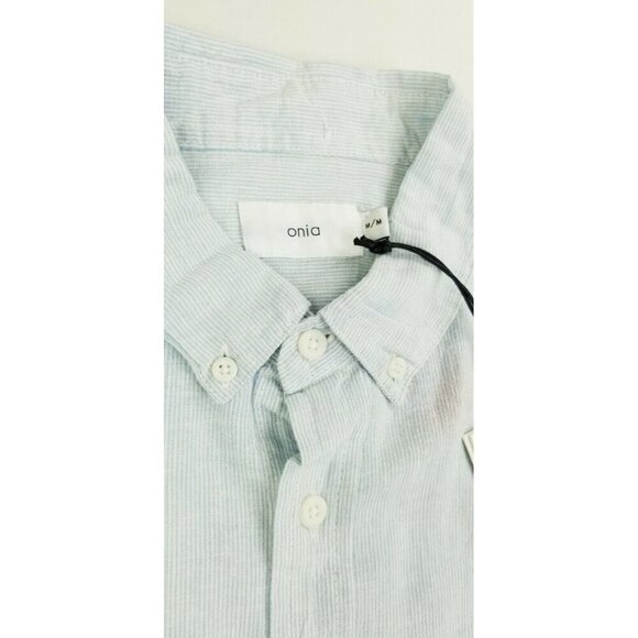Onia Sz Medium Button Down Micro Stripe Safari Sky Short Sleeve Jack Shirt NEW - Picture 1 of 8